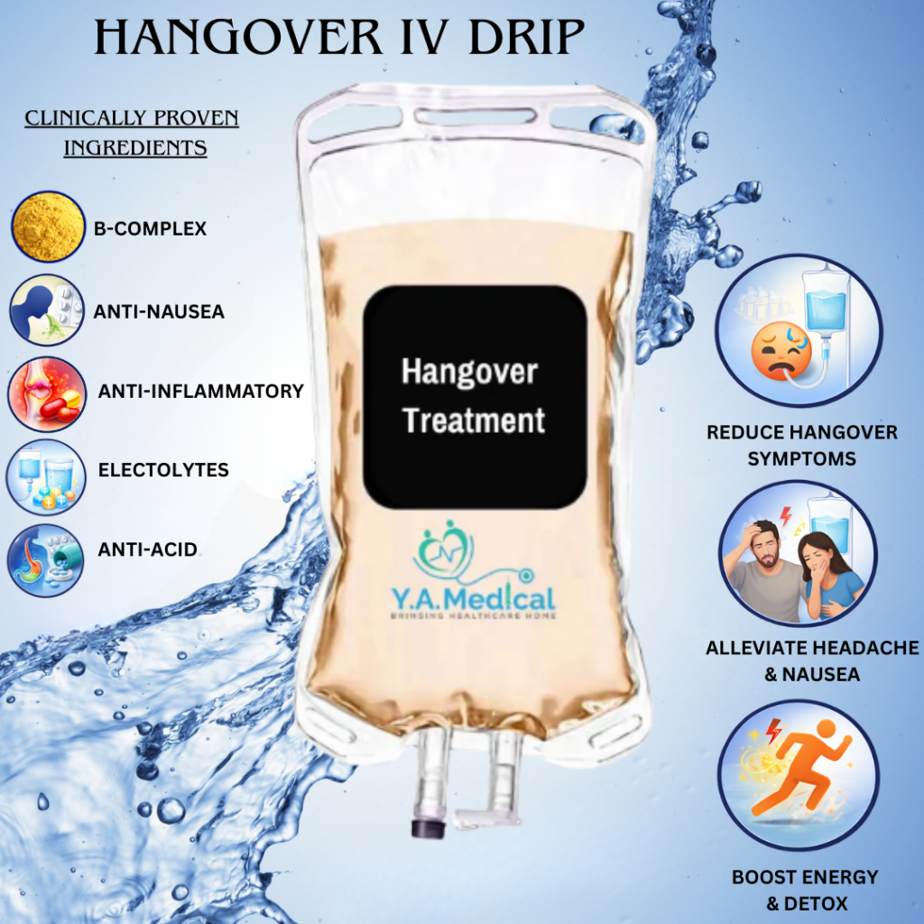 Hangover IV therapy drip with fluids, electrolytes, vitamins, and medications to relieve headache, nausea, dehydration, and boost energy