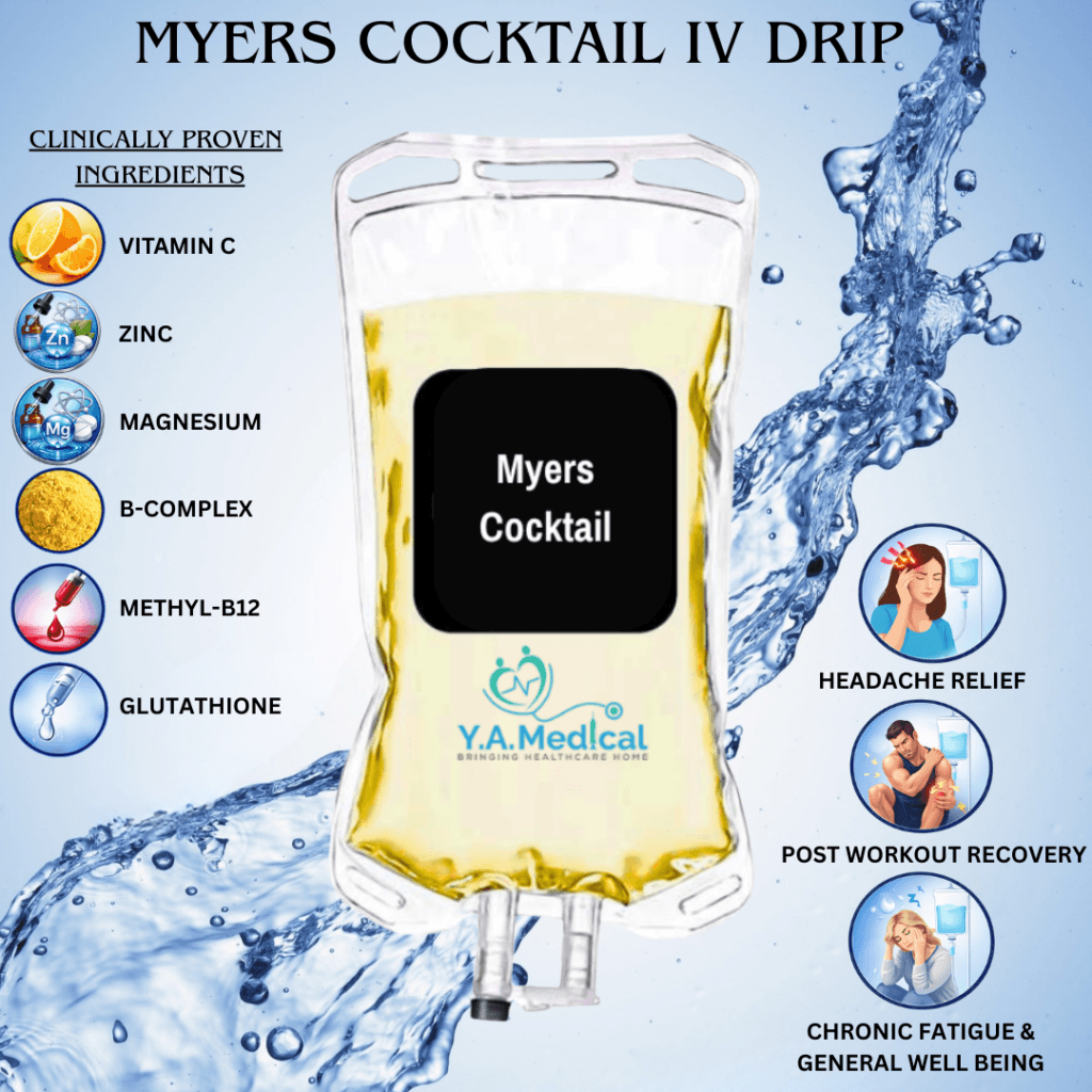 Myers’ Cocktail IV drip with vitamin C, zinc, magnesium, B-complex, methyl-B12, and glutathione for headache relief, post-workout recovery, and chronic fatigue support