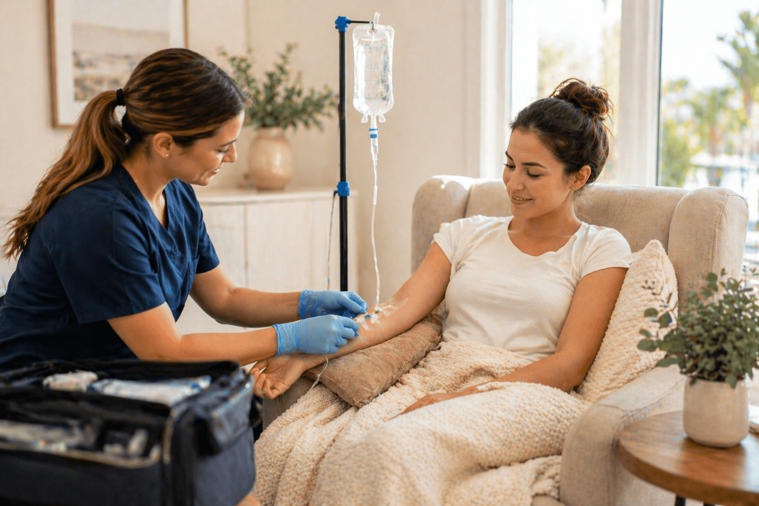 Mobile IV hydration therapy at home in Phoenix with a nurse administering an IV to a patient in a comfortable living room setting
