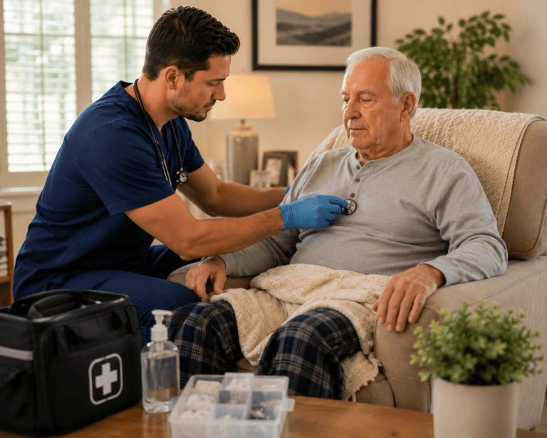 mobile urgent care doctor treating an elderly patient at home in phoenix