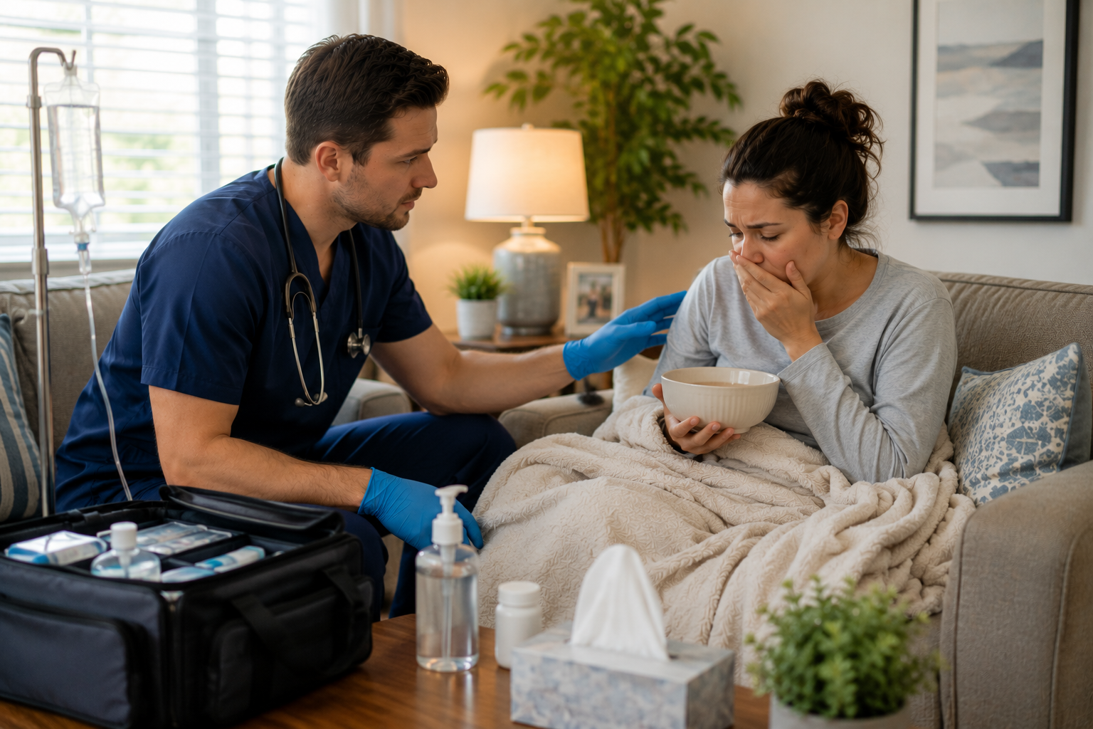 mobile urgent care doctor treating nausea vomiting at home