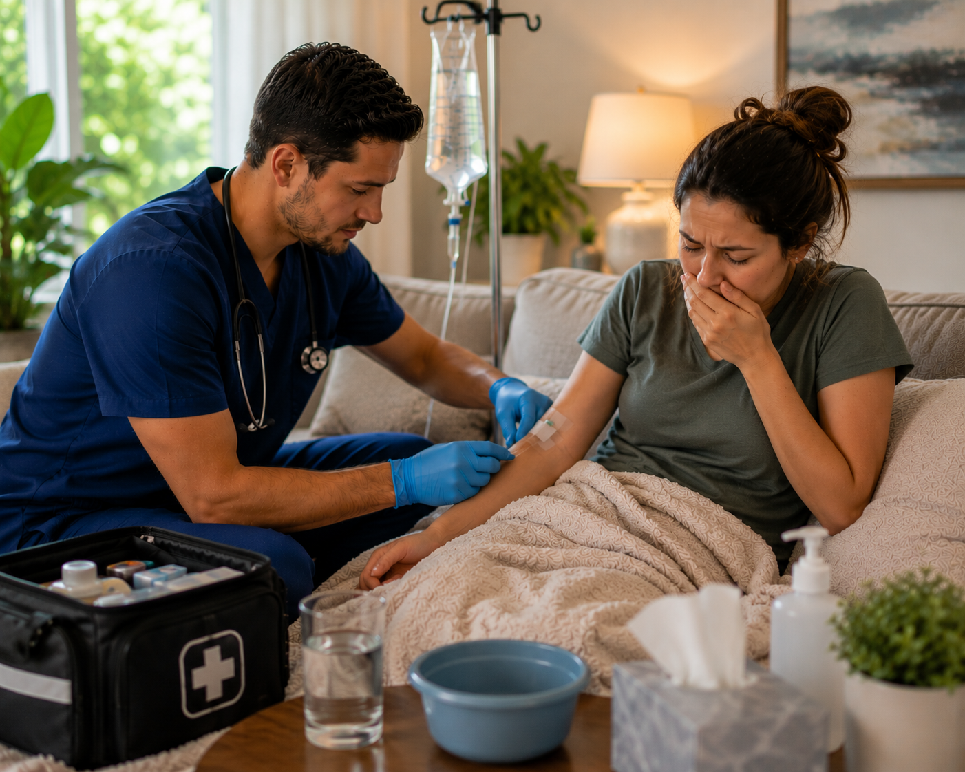 mobile urgent care provider treating vomiting and diarrhea at home with IV Hydration